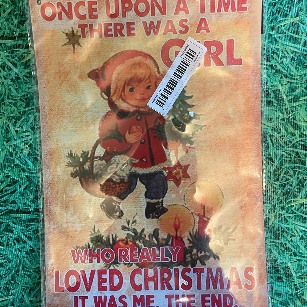 Vintage Reproduction Christmas Metal Sign with Girl